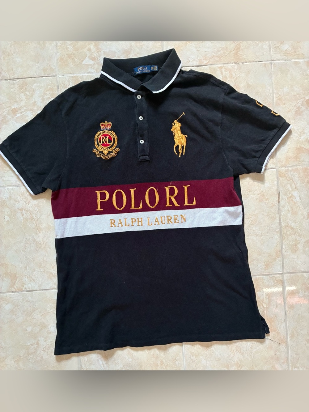 Vintage Ralph Lauren Polo RL Black & Burgundy Stripe Men's Polo Shirt